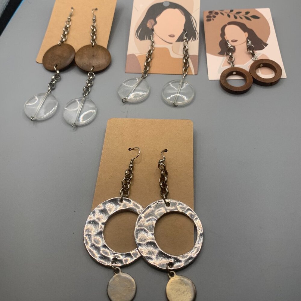 Lot of 4 Clear, Silver Tone & Wooden Pendant Earrings